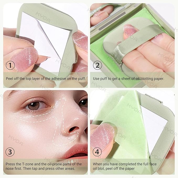 KYDA 400 Sheets Oil Blotting Paper with Mirror and Puff, Refills Included, Skin-friendly Face Oily Absorbing Sheets for All Skin, Travel Size (1 Formal + 3 Fillers)
