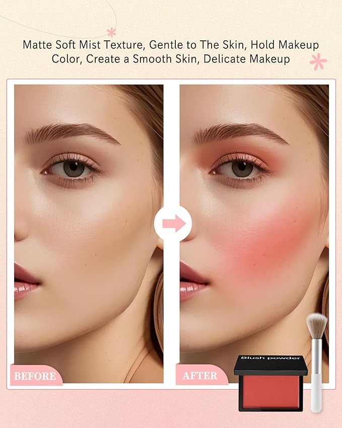 Matte Blush Powder for Cheeks,Contour Blusher Palette with Brush,High Pigment Lightweight Buildable Color, Waterproof Long-lasting Facial Makeup,Mother's Day Gifts for Women Girl-08# Ambience Red