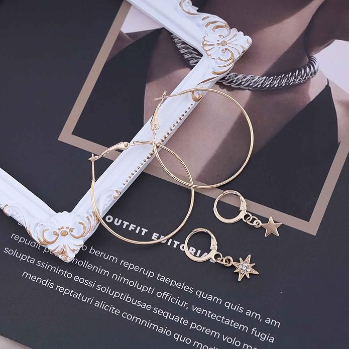 Vintage Exaggerated Circle Dangle Earrings Crystal Star Hoop Earrings Gold Hollow Large Hoop Earrings Circle Star Drop Earrings Jewelry for Women
