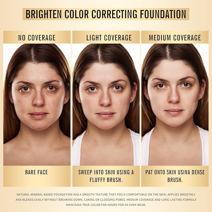 KIMUSE Baked Foundation, Brighten Color Correcting Powder Foundation, Lighting Glow Baked Foundation for Mature Skin, Buildable Coverage, Radiant Natural Finish