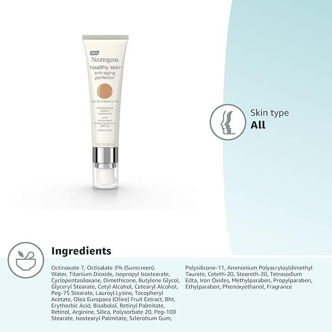 Neutrogena Healthy Skin Anti-Aging Perfector Tinted Facial Moisturizer and Retinol Treatment with Broad Spectrum SPF 20 Sunscreen with Titanium Dioxide, 50 Tan to Medium, 1 fl. oz (Pack of 2)