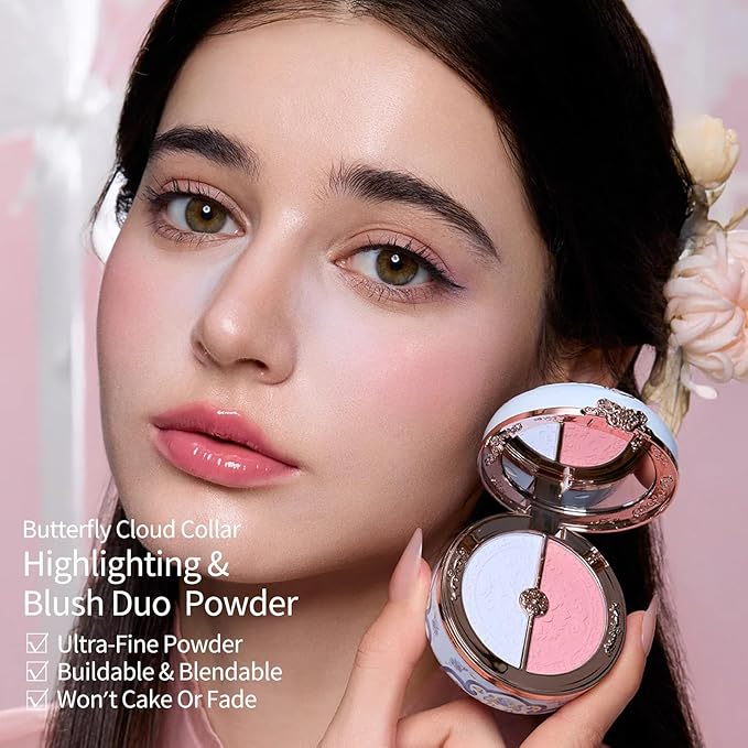 Flower Knows Butterfly Cloud Collar Rouge Box Highlighting & Blush Duo Powder 02 Seaborne Moon+Butterfly Cloud Collar Angled Powder Brush Frosty Wisteria
