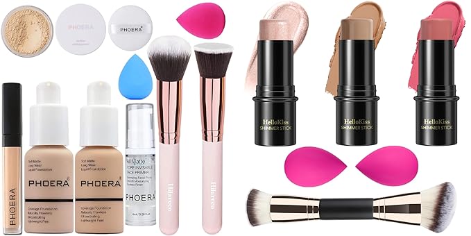 PHOERA Foundation,PHOERA Concealer,PHOERA Makeup Foundation Full Coverage, 3 Pcs Cream Contour Stick Makeup Kit, Shades with Highlighter Stick, Blush Stick and Bronzer Contour Stick