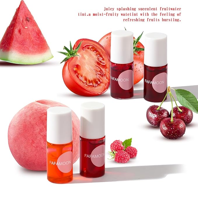 4PCS Korean Lip Gloss Set, Lip Tint Stain Set,Mini Liquid Water Tint,Moisturizing Natural,Long Lasting Waterproof,Multi-Use Lip and Cheek Tint(Apple& Strawberry& Watermelon& Cherry)
