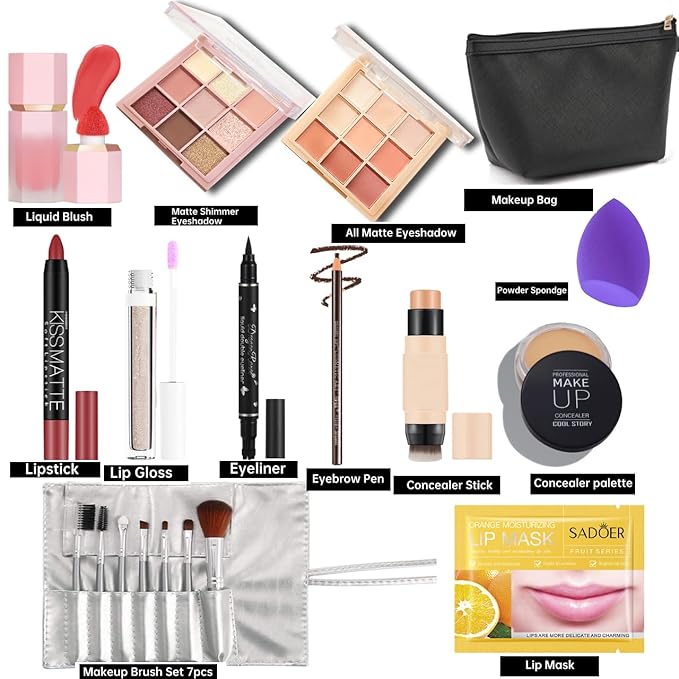 All In One Makeup Set for Women,Multipurpose Makeup Kit with Makeup Brushes, Lipsticks, Lip Gloss, Eye Shadows, Blushes, Eyebrown, Makeup Bag for Beginners and Professionals Premium Gift Set (SET B)