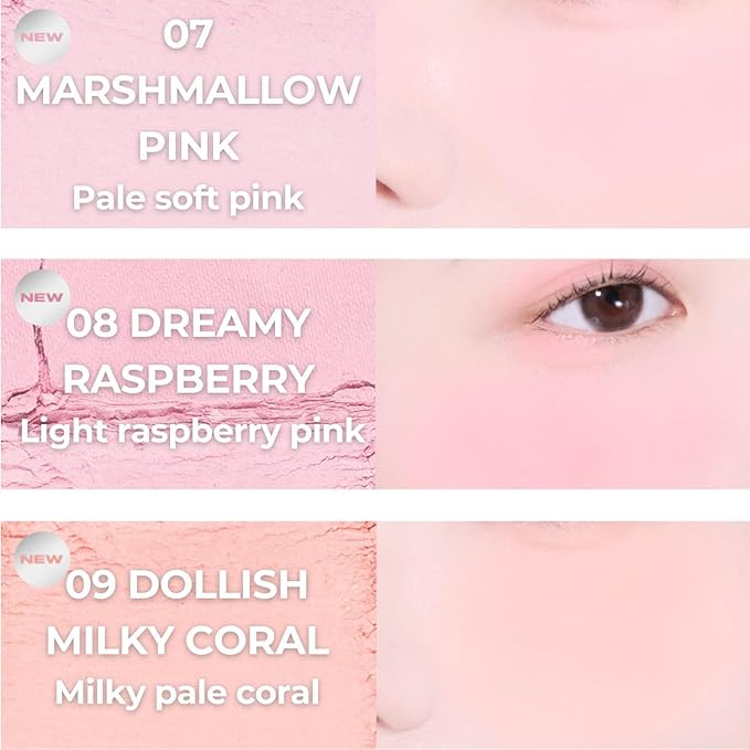 Fluffy Wear Blusher - Pressed Powder Cheek Blush with Airy and Soft Matte Blurring Finish Blendable & Buildable Natural Color Korean Makeup Vegan (07 MARSHMALLOW PINK)