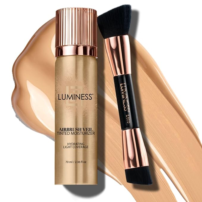 LUMINESS Airbrush Veil Tinted Moisturizer with Buffing Brush, Light Medium 030 - Lightweight, Hydrating & Skin-Plumping Face Moisturizer Spray - Facial Skin Tint with Hyaluronic Acid, Ceramides & Aloe