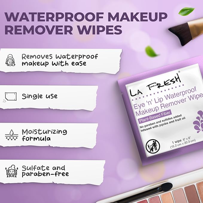 LA Fresh Eye 'N’ Lip Makeup Remover Wipes Case of 200 Wipes Made With Vitamin E, Olive Oil, Jojoba To Leave Skin Soft And Smooth Convenient Size For Purse, Gym Bag, Nightstand, Car