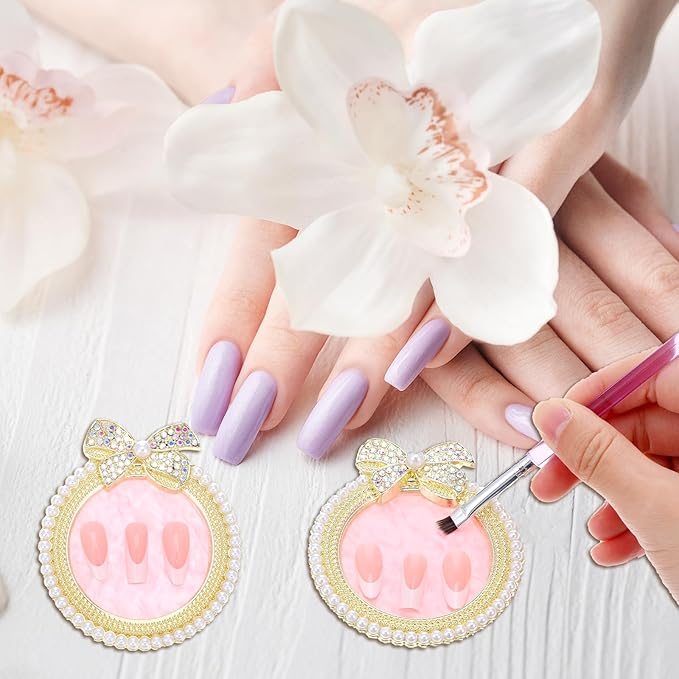 Resin Nail Art Palette, Nail Polish Palette with Rhinestones and Pearls, Glitter Bow Nail Palette, Mixing Palette Makeup Plate Nail Pallet for Nail Art, Gold Nail Art Display Board