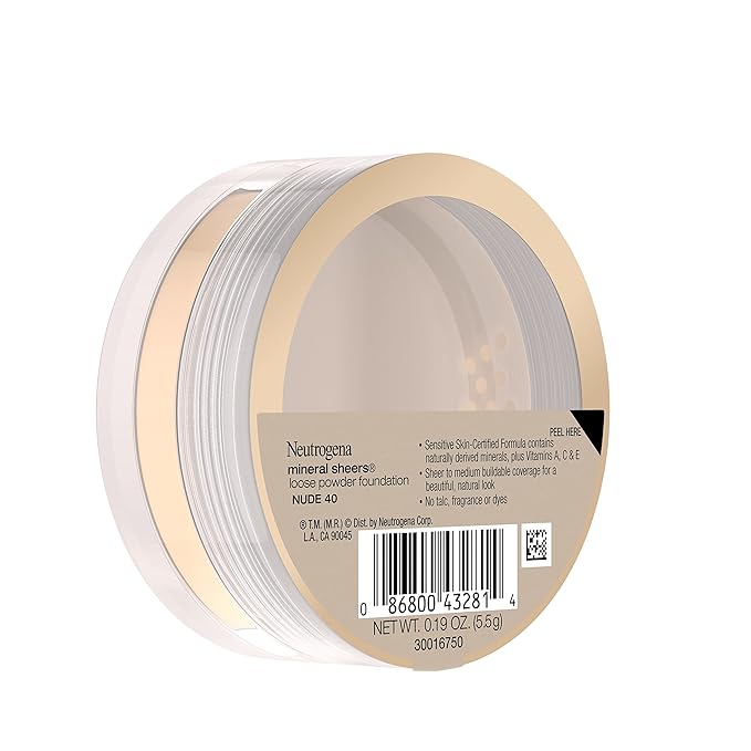 Neutrogena Mineral Sheers Lightweight Loose Powder Makeup Foundation with Vitamins A, C, & E, Sheer to Medium Buildable Coverage, Skin Tone Enhancer, Face Redness Reducer, Nude 40,.19 oz