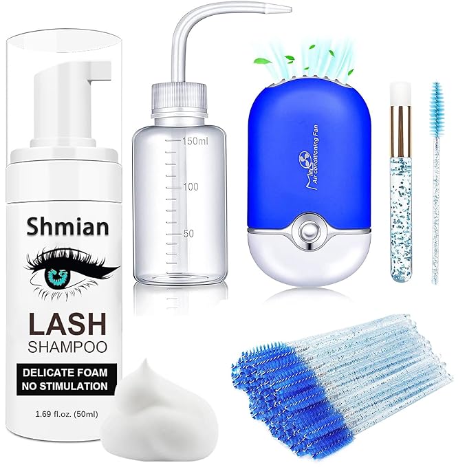 Lash Shampoo for Lash Extensions, Lash Fan 50ml Eyelash Foam cleanser with 50 Pcs Eyelash Brush and Rinse Bottle Oil Free/Sulfate Free Eyelash Wash Remover For Eyelash Extension Makeup, Blue