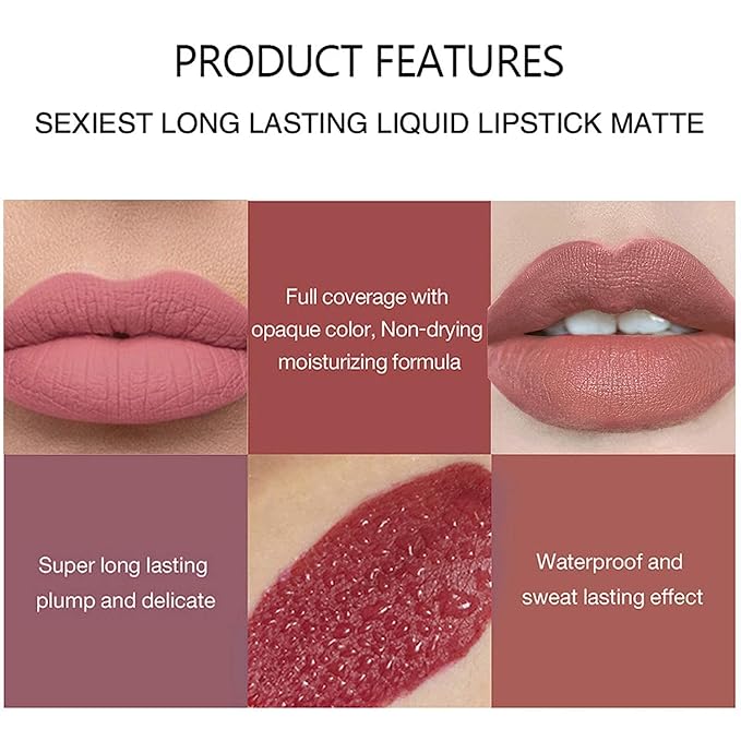MAEPEOR Matte Liquid Lipstick 6PCS Nude Brown Velvety Lip Gloss Kit Long-Lasting Wear Non-Stick Cup and Not Fade Lipstick Set for All Undertone (Nude-Brown Series, 6PCS-D)