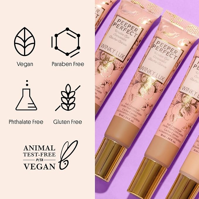 Winky Lux Peeper Perfect Under Eye Concealer, Makeup & Eye Brightener, Full Coverage Concealer for Dark Circles, Color Corrector & Eye Primer, With Collagen, Hyaluronic Acid & Vitamin E (Light Beige)