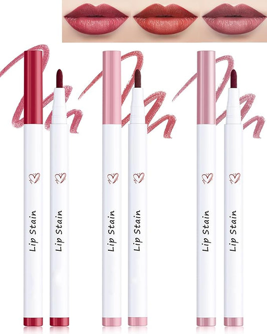 Lip Liner Stain Pen-3Pcs Pink Red Rose Lip Stain Tint,Longlasting Waterproof Quick Dry Lipstick Lipcolor,Precise Chisel Tip Smooth Lip Gloss Pencil,Mother's Day Lipstain Makeup Gift for Women-SetA