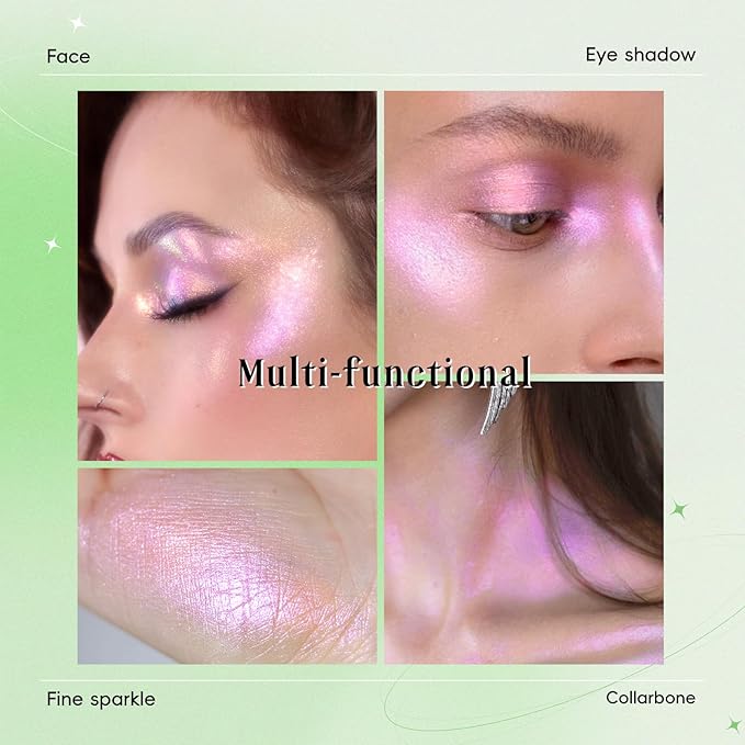 Face Highlighter Palette, Lunar Glow Highlighter Powder Makeup, Chameleon Glitter Shimmer Body Cheek Eye Highlighter, Multichrome Sparkle Holographic Color Shifting Silky Creamy Illuminator#02