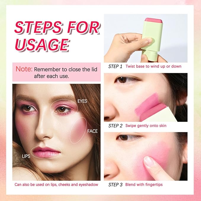 Multi-Use Makeup Blush Stick,Cream Blush Stick,Waterproof Natural Nude,Monochromatic Blush Beauty Wand for Cheek and Lip Tint(Shy Pink)