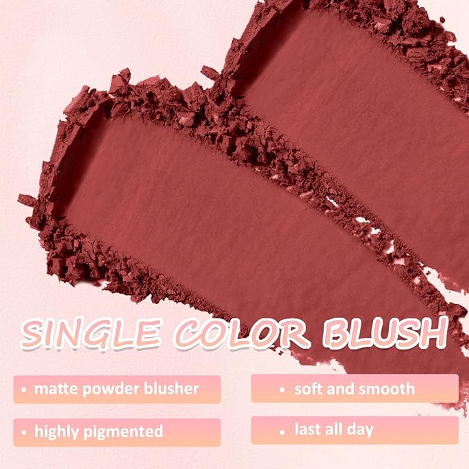 Boobeen Powder Blush Matte Single Color Blush, Pressed Blush Face Makeup Blusher High Pigment Blush for Colorful, Long-wear Glow, Natural Flush Tint for Cheeks (C07)