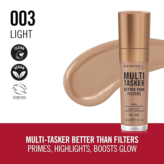 Rimmel Multi-Tasker Better Than Filters, 003 Light, Face Primer, Glow Booster and Highlighter, Vegan Formula, Anti-Ageing Benefits, Light-Reflecting Pigments, Giant Soft-Touch Wand, 1oz