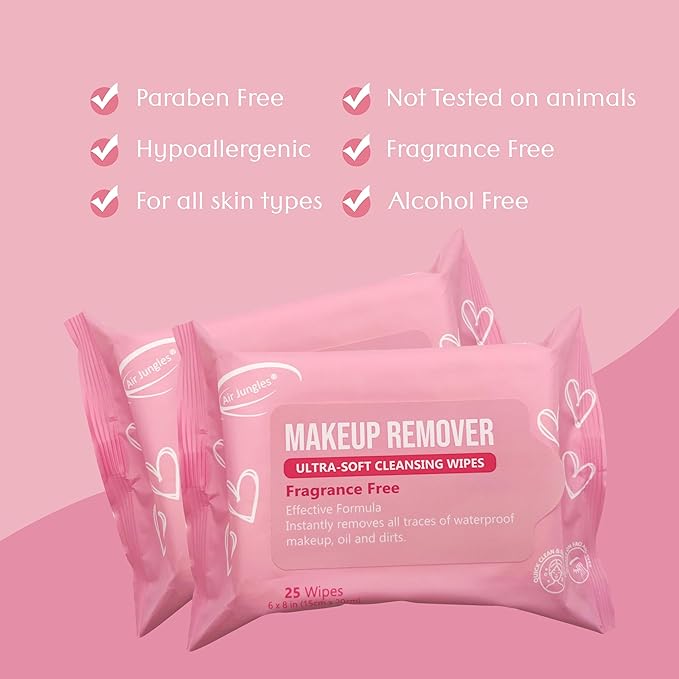 Air Jungles Makeup Remover Wipe 25 Counts, Extra Large 6" x 8", Fragrance-Free, Gently Removes Makeup and Oil, Face Cleansing Wipes, Alcohol Free