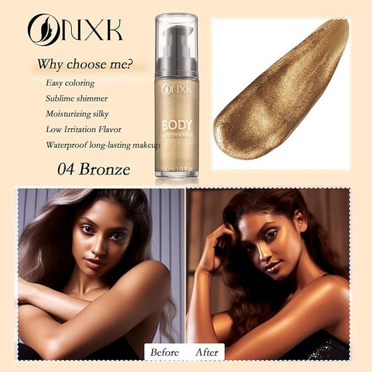 Body Glitter Oil Liquid Luminizer - Glow Hightlighter Shimmer Oil Illuminator Waterproof Long Lasting Moisturizing for Body & Face Bronzer Smooth Lotion with Makeup Brush by ONXK(#04 Bronze)