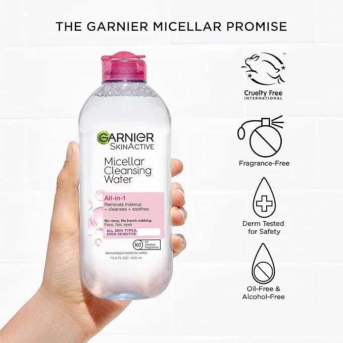 Garnier Micellar Cleansing Water, All-in-1 Makeup Remover and Facial Cleanser, For All Skin Types, 3.4 Fl Oz (100mL), 1 Count (Packaging May Vary) (Pack of 2)