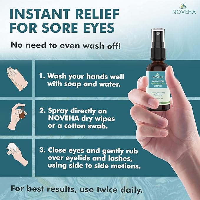 NOVEHA Eyelid Cleanser | Stye Eye Treatment | Eye Lid Cleaning | Dry Eye Relief | Fast Acting Soothing Eyelid Cleansing Formula | Pure and Gentle Lash Hypochlorous Acid Eyelid Spray (1oz - 2 Pack)