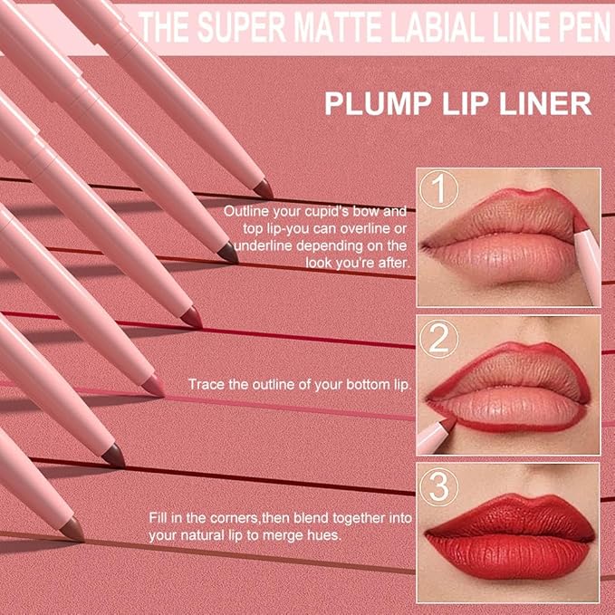 Kaely 6Pcs Retractable Lip Liner Pencils Set for Shaping & Sculpting Lips, Ruby Mauve Red Rose Nude Pink Plum Purple Taupe Brown Creamy Matte Velvet Pigmented Rich Lip Colors Liner Crayon Lipstick 02
