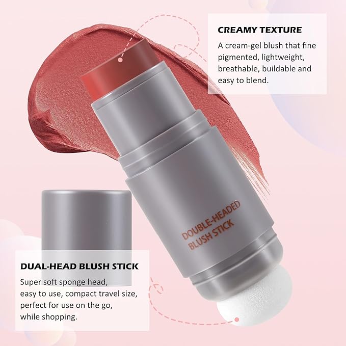 Boobeen Cream Blush Stick, Double-head, Lightweight Long-lasting Color Natural Blush Makeup Stick, Multi Face Blush for Cheek, Lip and Eye, Dewy Finish for All Skin Tones