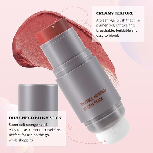 Boobeen Cream Blush Stick, Double-head, Lightweight Long-lasting Color Natural Blush Makeup Stick, Multi Face Blush for Cheek, Lip and Eye, Dewy Finish for All Skin Tones