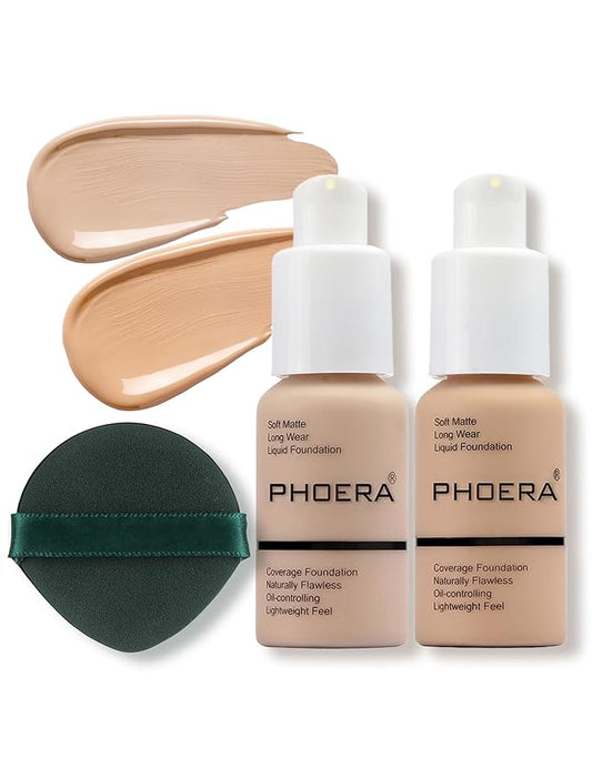 PHOERA Foundation Makeup, Flawless Soft Matte Oil Control Liquid Foundation, Full Coverage Mattle Oil-Control Concealer for Older Women, Great Choice For Gift (102&104, 60ml)