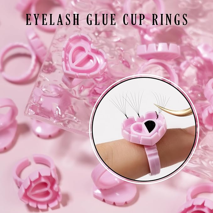 100 Pieces Lash Glue Rings, 2 in 1 Holder Open Ring(Simple Packaging)-(Pink Heart Shape)