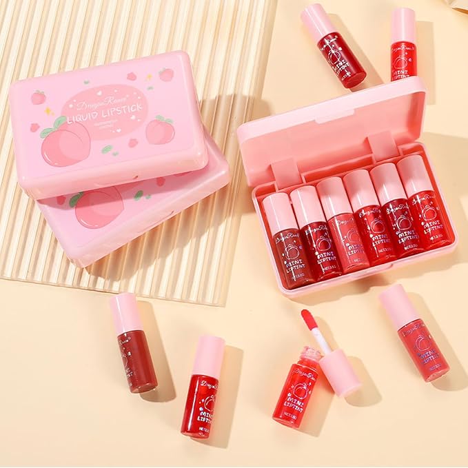 Eakroo 6 Colors Peach Lip Tint Stain Set, Korean Lip Gloss Mini Liquid Lipstick Set, Multi-Use Lip and Cheek Tint, Long Lasting, Waterproof, High Pigment, Vivid Color