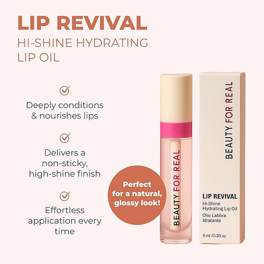 Beauty For Real Lip Revival Hi-Shine Hydrating Lip Oil, Shining Star (Transparent) - Lightweight - Non-Sticky, Shiny Finish - Paraben Free, Cruelty Free, Vegan