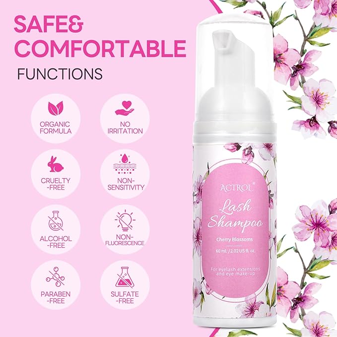 Eyelash Extension Cleanser 60ML Colored Pink Cherry Blossoms Lash Extension Shampoo Lavender Professional Eyelid Foaming Cleanser Paraben & Sulfate Free Non-lrritating
