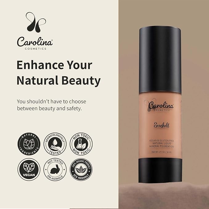 Plant-Based Foundation in Seashell Shade - Hydrating, Pore-Minimizing & Buildable Coverage - Vegan, Non-GMO, Gluten-Free, Paraben-Free- Sun Protection - 1Fl Oz