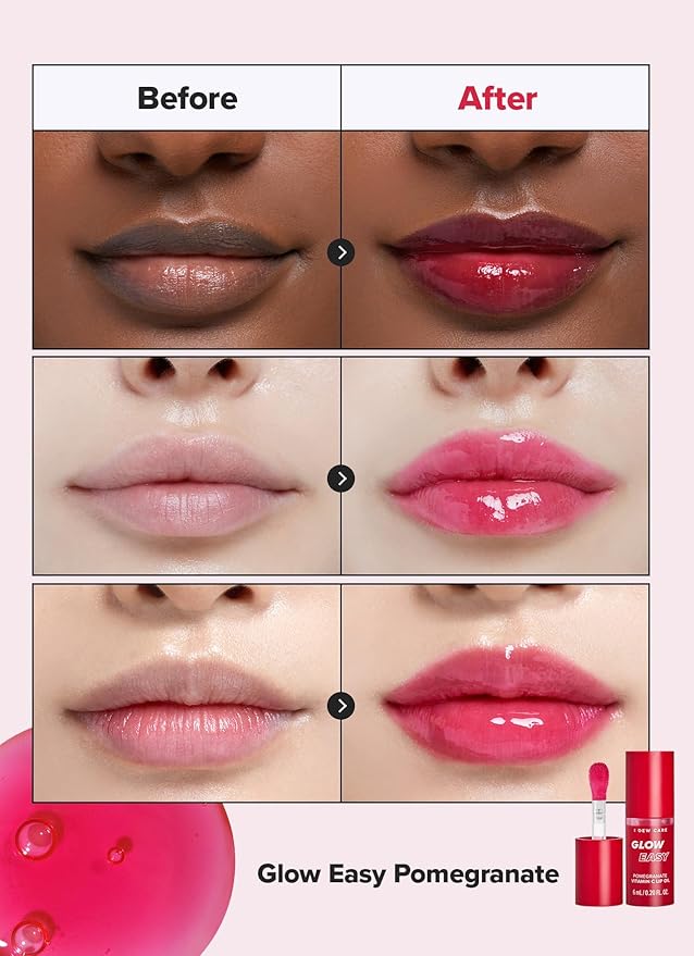 I DEW CARE Lip Gloss - Glow Easy Pomegranate | Jojoba Seed Oil, Vitamin C, Pigmented Glossy Stain, Hydrating, Korean Makeup, Pink Color, Moisturizing, Nourishing Crystal, 0.20 FL Oz