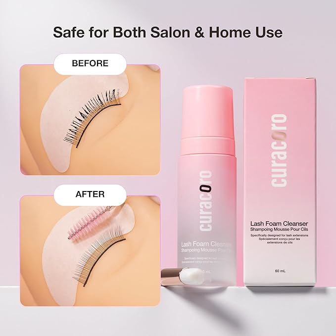 CURACORO 60ML Eyelash Extension Cleanser (Rose Scented) - Lash Shampoo for Lash Extensions, Eyelash Extension Foam Cleanser for Sensitive Skin, Removes Waterproof Makeup for Professional & Home Use