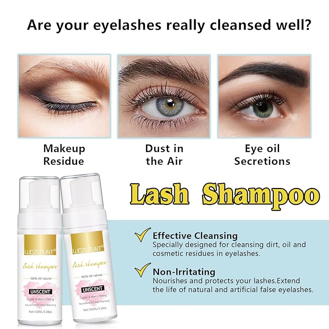 3.38OZ Eyelash Extension Cleanser Lash Mousse Unsent Lash Shampoo for Extensions, Natural Lashes Makeup & Mascara Remover Professional & Self