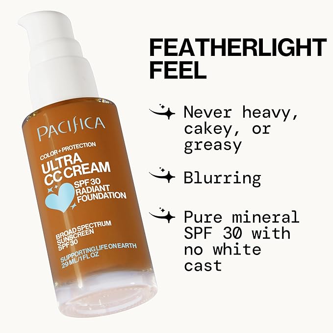 Pacifica Ultra CC Cream Radiant Foundation SPF 17 - Warm-Tan – Medium Coverage Color Correcting Foundation, Dewy Finish, Mineral SPF, 1 oz