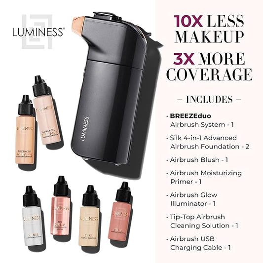 Luminess BREEZE DUO Airbrush Makeup System, Fair Coverage – 9-Piece Kit includes 2x Silk Airbrush Foundation, Soft Rose Blush, Glow Highlighter, Moisturizer Primer, and Airbrush Cleaning Solution