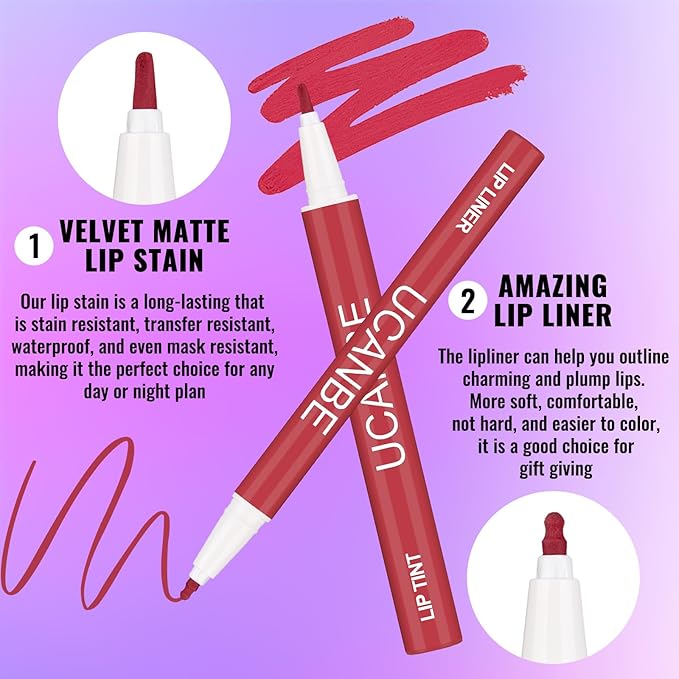 UCANBE 2pcs Matte Lip Tint Stain Set, 1 Lip Stain & 1 Lip Liner Pencil, Long Lasting Waterproof Lightweight Non-sticky Liquid Lipstick for Women & Girl (03 ESPRESSO)