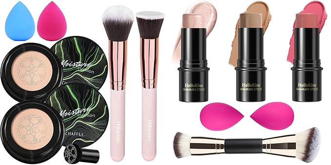 2 PCS Mushroom Head Air Cushion CC Cream Nature Foundation,3 Pcs Cream Contour Stick Makeup Kit, Shades with Highlighter Stick, Blush Stick and Bronzer Contour Stick