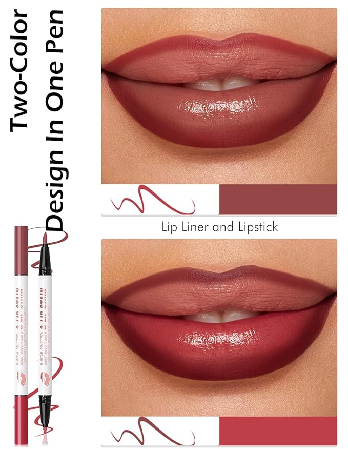 Double-headed Lip Liner Stain Long Lasting Waterproof 2 Colors Liquid Lip Liner Pencil Marker High Pigmented Smooth Application Precise Pen-Like & Chisel Tip Hydrating Lipstick for Women, 06