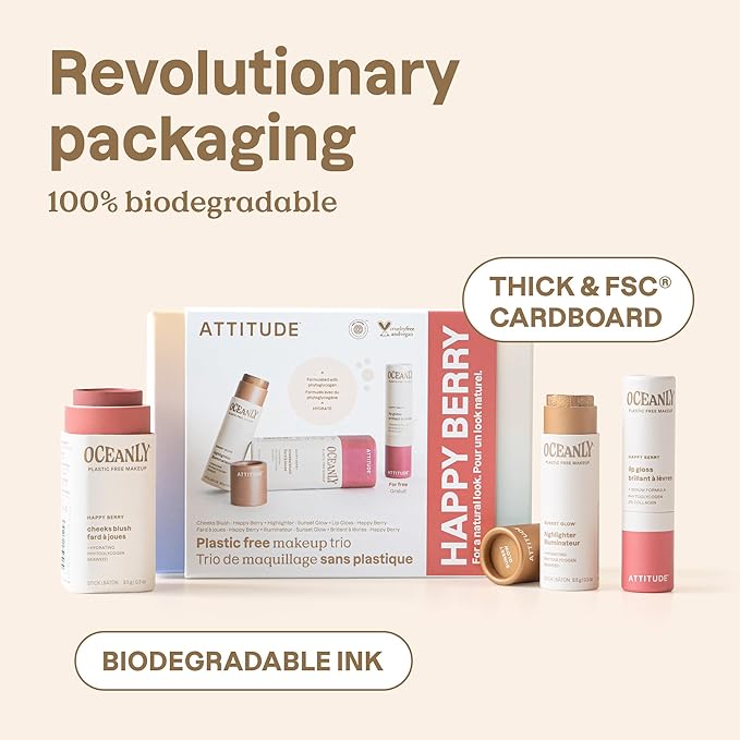 ATTITUDE Happy Berry Makeup Trio Set, EWG Verified, Titanium Dioxide-Free, Plastic-free, Plant and Mineral-Based Ingredients, Vegan and Cruelty-free Beauty Products, Set of 3 Makeup Sticks