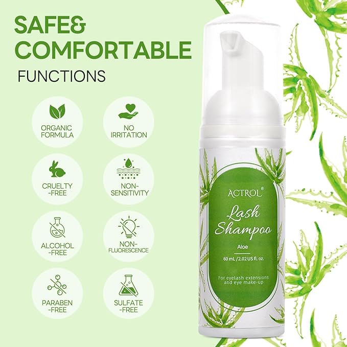 Eyelash Extension Cleanser 60ML Colored Green Aloe Lash Extension Shampoo Professional Eyelid Foaming Cleanser Paraben & Sulfate Free Non-lrritating with Salon and Home Care