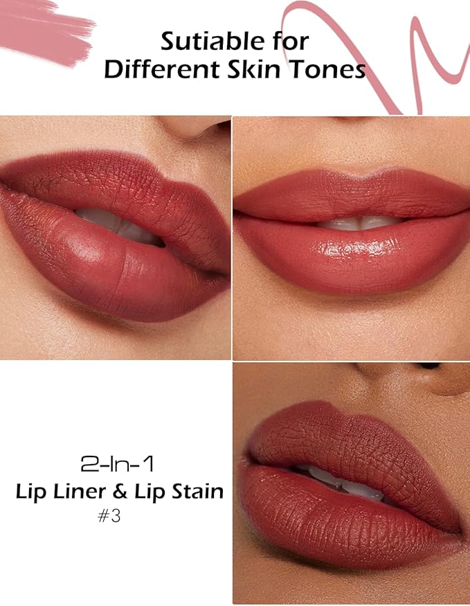 Double-headed Lip Liner Stain Long Lasting Waterproof 2 Colors Liquid Lip Liner Pencil Marker High Pigmented Smooth Application Precise Pen-Like & Chisel Tip Hydrating Lipstick for Women, 03