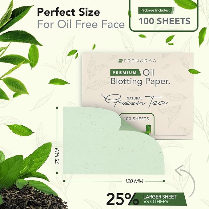 Premium Natural Green Tea Oil Blotting Sheets for Face - 1x100 Sheets with Extra Large 5x3" Thick Blotting Paper for Oily Skin - Dispensable Portable Pack - Reduce Skin Acne - Makeup Friendly