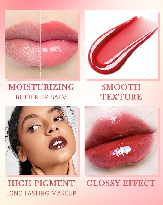 Tinted Lip Butter Balm-3 Colors Vanilla Beige Brown Pink Sugar Lip Gloss,Clear Jelly Yummy Tint Lip Stain,Long Lasting Hydrating Glow Reviver Lip Care Oil,Women's Day Makeup Gift for Women-Set A