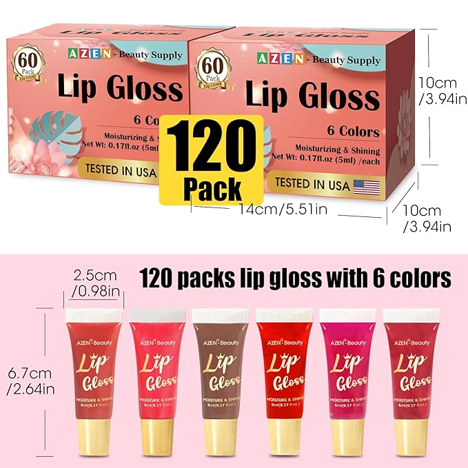 AZEN 120 Pack Lip Gloss Set, Color Lip Oil for Dry Cracked Lips Moisturizing Hydrating Nourishing with Vitamin E