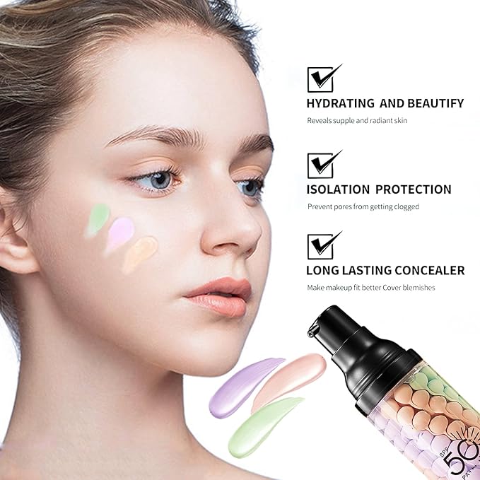 Firstfly Color Correcting Makeup Primer with SPF 50, Sunscreen 3 In 1 Moisturizer Isolation Cream, One Step Skin Tone Corrector for Dark Circles & Fine Lines, Makeup Brush Include